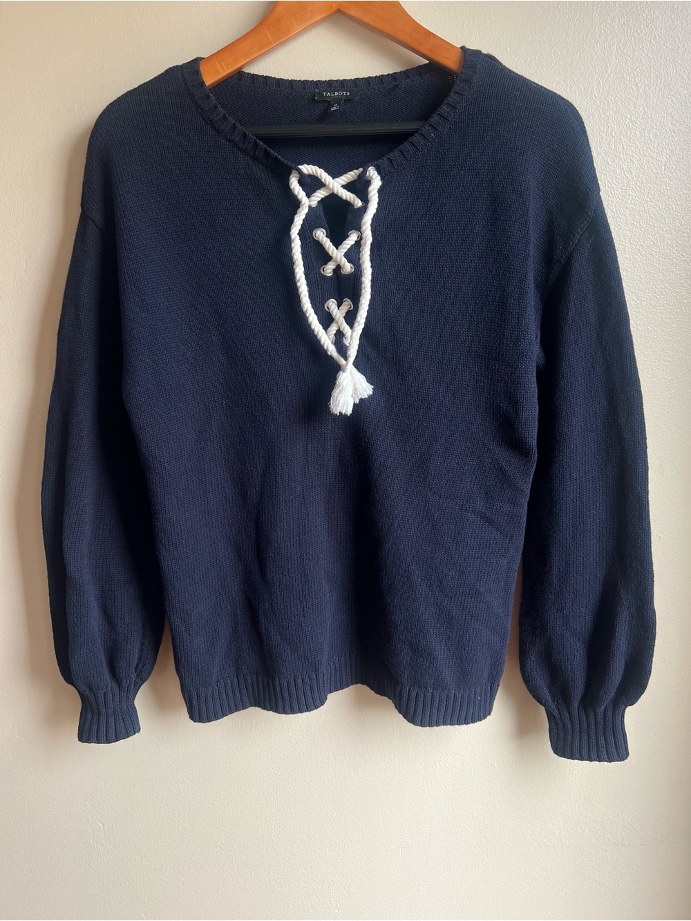 Navy Nautical Rope Lace Up Sweater Coastal Preppy Knit Medium